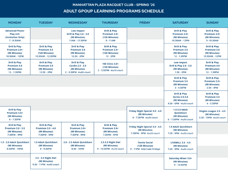 Manhattan Plaza Racquet Club Schedule Winter/Spring 2026