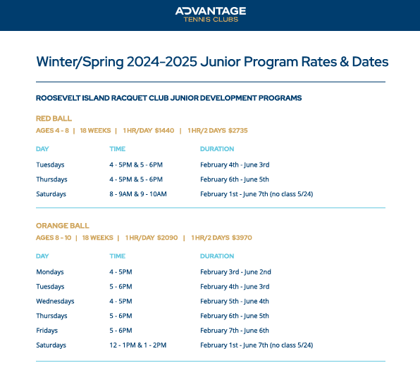 Junior Program Schedule – Winter/Spring Semester 2025